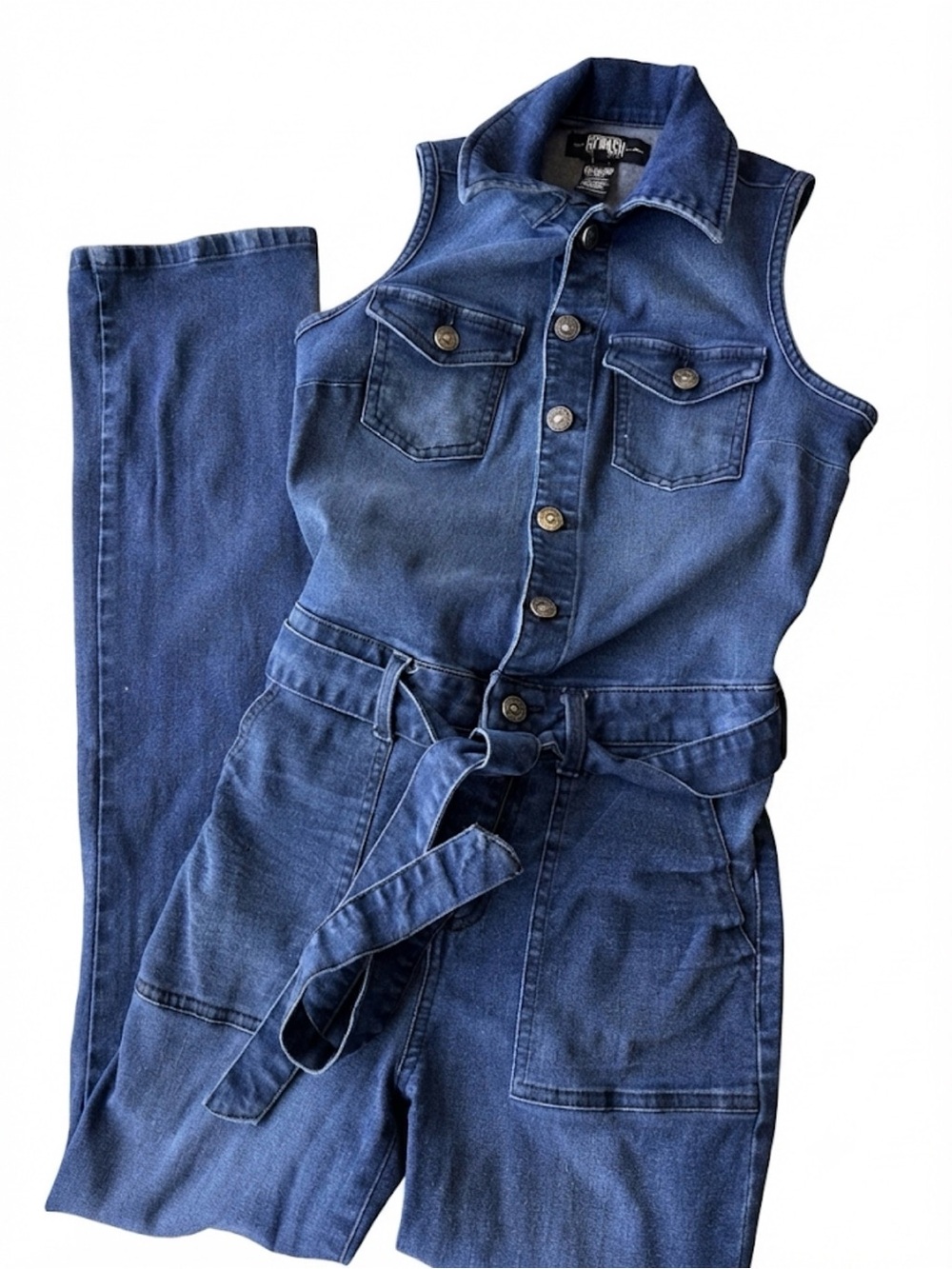 Rewash Sleeveless Denim Jumpsuit with Tie Waist